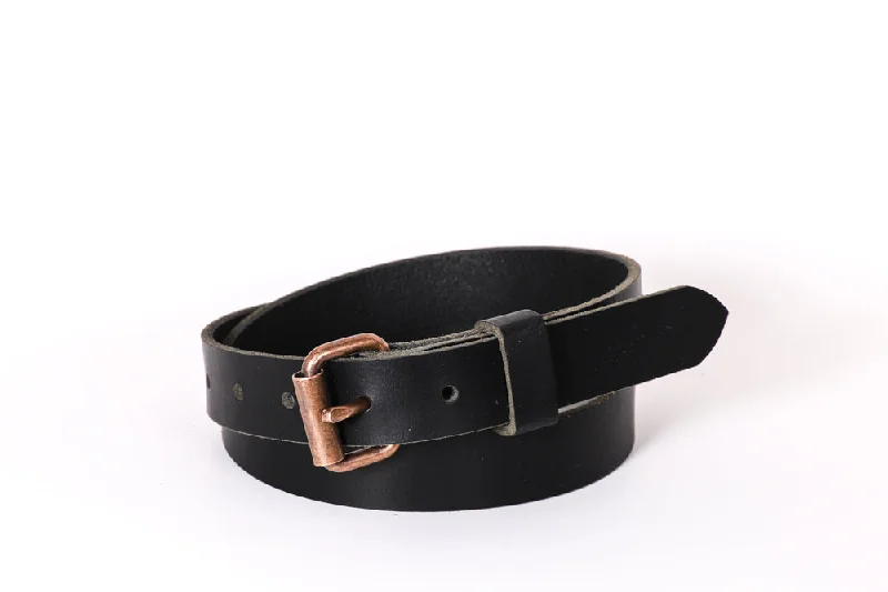 Full Grain Buffalo Leather Skinny Belt 1" Wide Black/w Copper Buckle Hand Made In USA