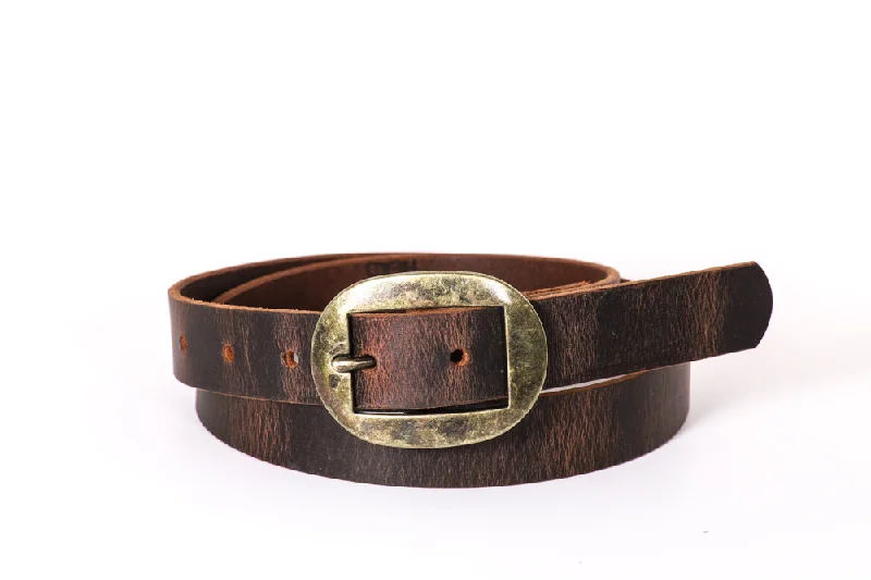 Full Grain Buffalo Leather Skinny Belt 1" Wide *Distressed Brown Brass Buckle Hand Made In USA