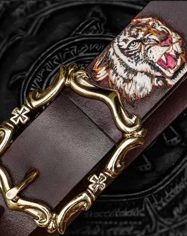 Handmade Genuine Leather Mens Tooled Tiger Belt Custom Cool Leather Men Black Belt for Men