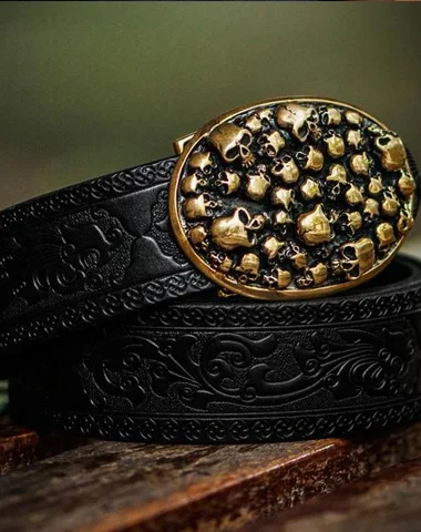 Handmade Genuine Leather Skull Mens Belt Custom Cool Leather Men Black Belt for Men