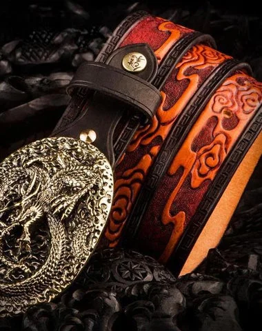 Handmade Leather Tooled Chinese Dragon Mens Belt Custom Cool Leather Men Belts for Men