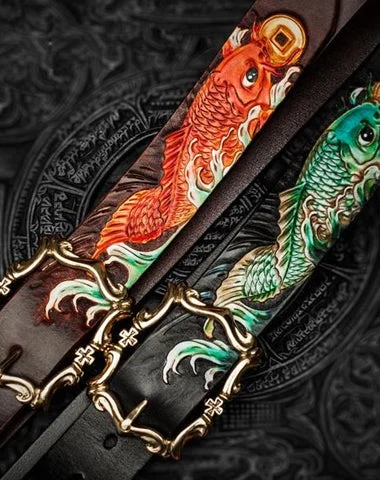 Handmade Leather Tooled Carp Mens Belt Cool Leather Men Belt for Men