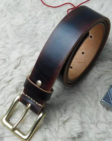 Handmade Vintage Red Brown Leather Mens Belt Leather Belt for Men