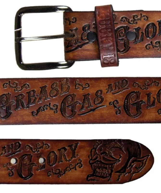 The GREASE, GAS & GLORY Embossed Leather Belt - ANTIQUED BROWN