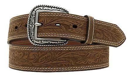 MF Western Ariat Brown Tooled Double Stitched Mens Belt A1012402