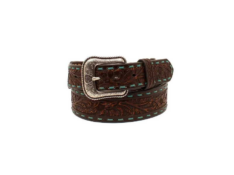 MF Western Ariat Mens Belt Leather Laced Floral Turquoise Brown Style A1025202