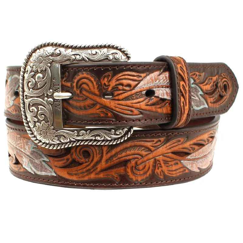 MF Western Ariat MEN'S Turquoise Multi Feather Brown Leather Scroll Belt Style A1034008