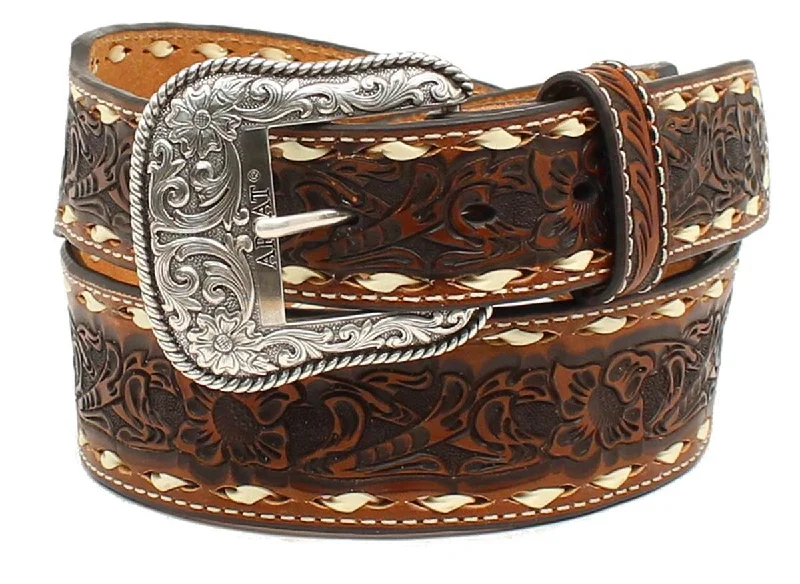 MF Western Ariat Western Mens Belt Leather Embossed Floral Whip Stitching Tan Style A1023008