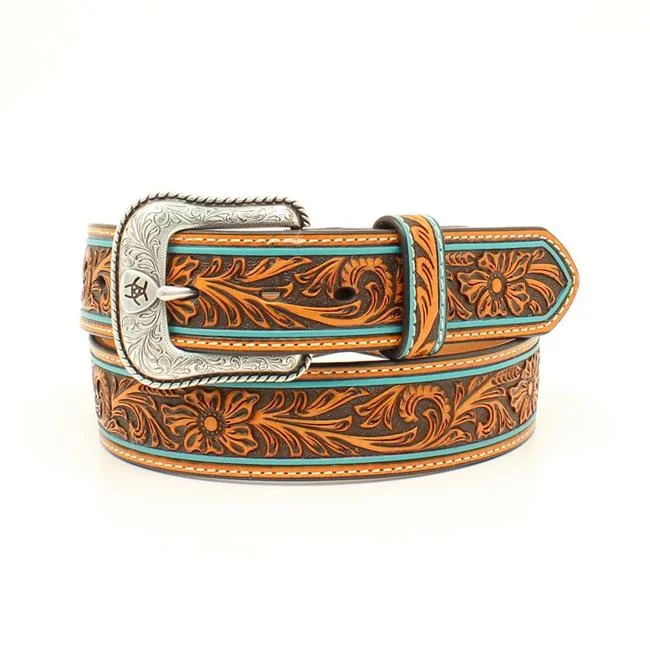 MF Western Ariat Belt Mens Floral Embossed Shield Tan Style A1027808