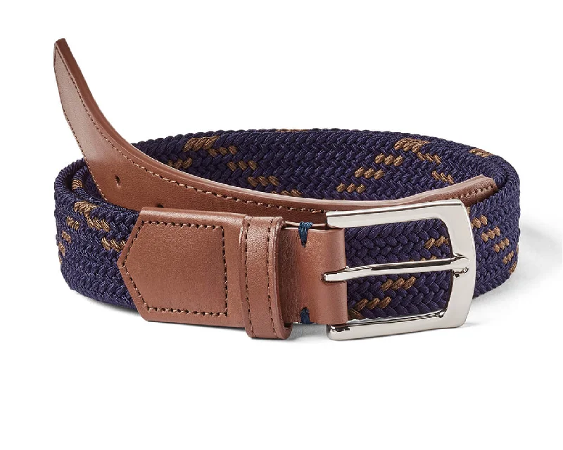 The Fischer Belt: Navy & Whiskey Dogleg Stripe - Whiskey Leather