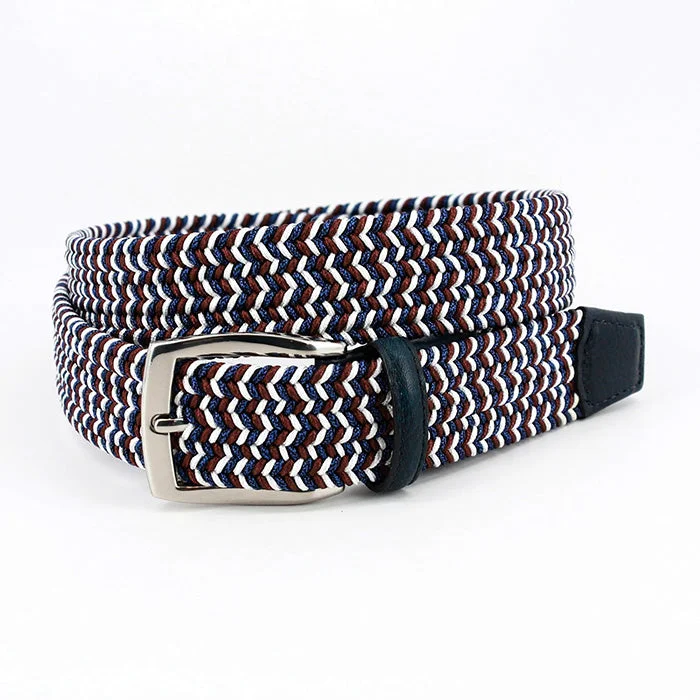 Torino Italian Braided Leather & Linen Elastic Belt - Blue/White/Red