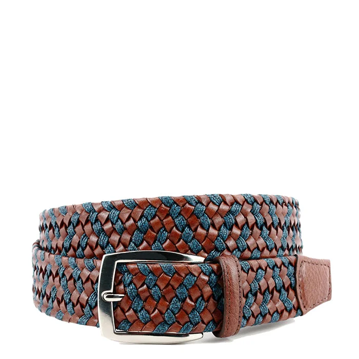 Torino Italian Braided Leather & Linen Elastic Belt - Cognac/Navy